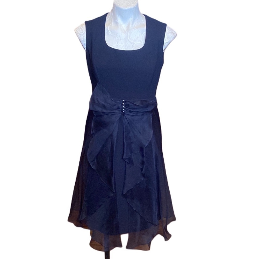 Mieka flowing taffeta Cocktail Dress black bow with rhinestones midi Sz 10